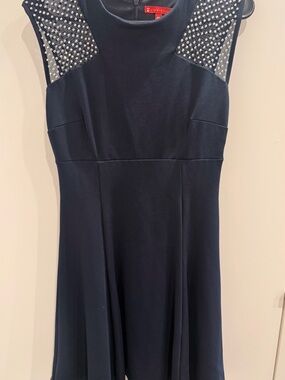Minelli Navy Studded Shoulder Fit-and-Flare Midi Dress